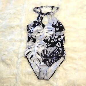 Anasabi One Piece Padded Swimsuit Black Gray Size M Swimwear Leaves print
